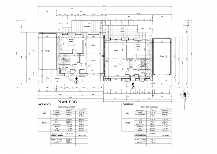 Habitat jumels / Basse nergie / Ossature bois : plan rdc